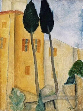 cyprès et maison 1919 Amedeo Modigliani Peinture à l'huile